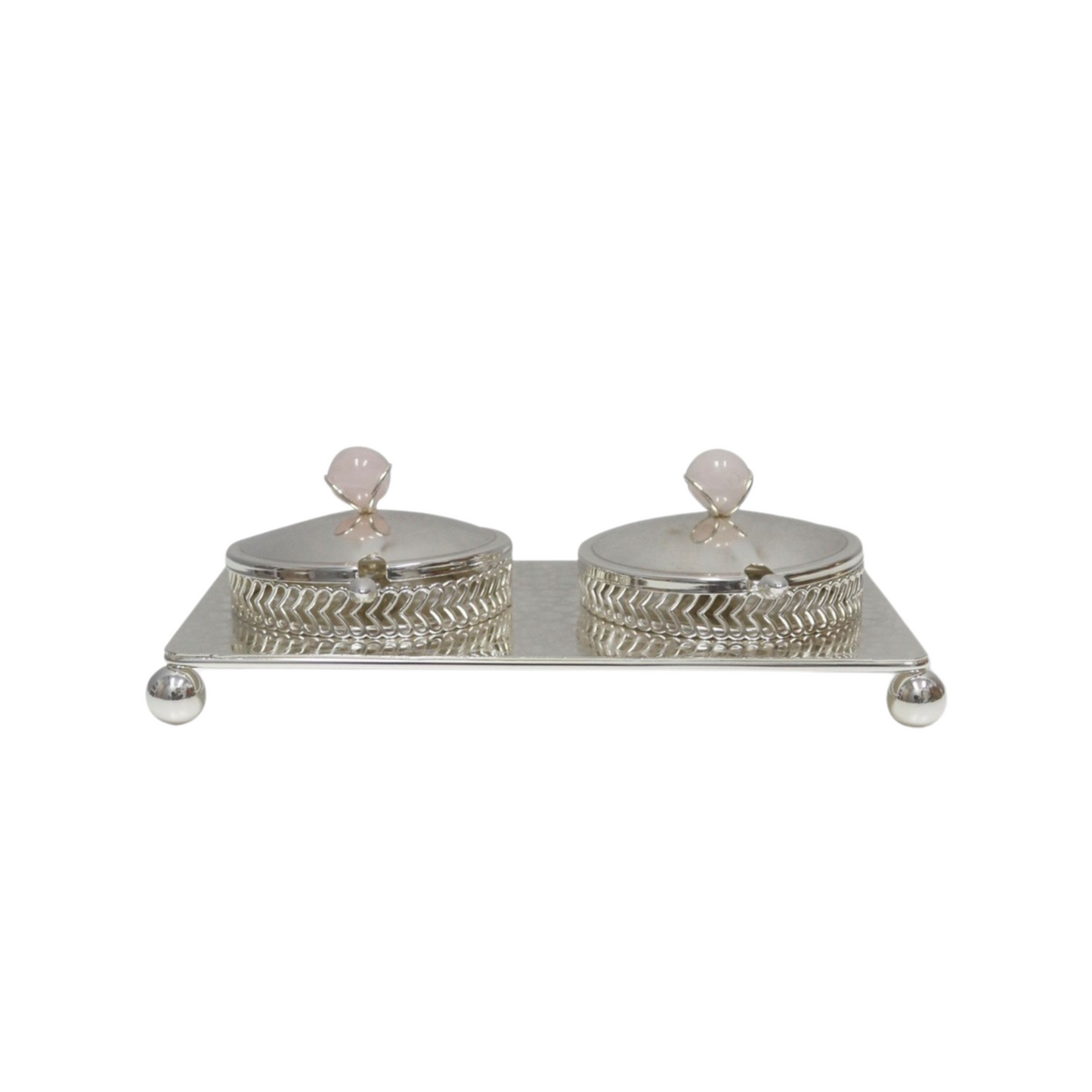 Silver plated rose quartz bowl set