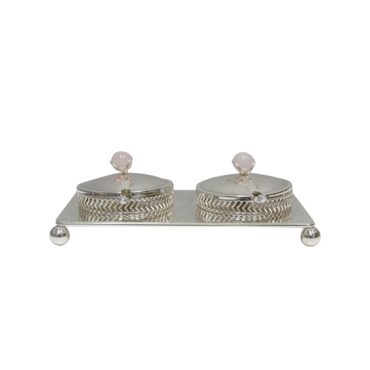 Silver plated rose quartz bowl set